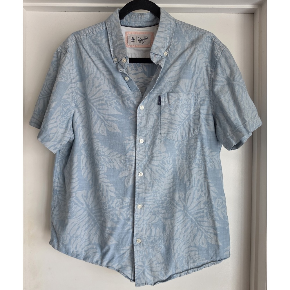 Original Penguin Button Down Shirt Men L Floral Light Blue Cotton Casual